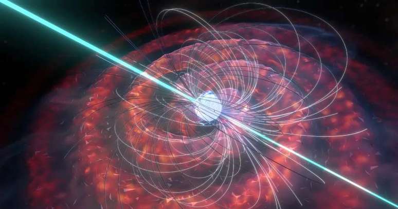 Ilustração de pulsar com seus jatos e campo magnético (Imagem: Reprodução/Salvatore Orlando/INAF)
