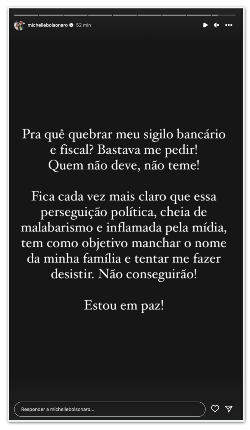 Michelle diz que quebra de sigilo é “perseguição política” 2 GAZETA MERCANTIL Michelle Diz Que Quebra De Sigilo É “Perseguição Política” - Gazeta Mercantil - Destaque